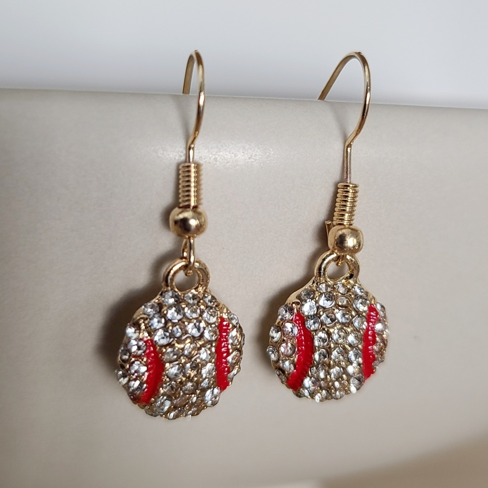 Baseball Rhinestone Earrings, Baseball Dangle Earrings, Gold Ton Sports Earrings
